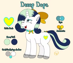 Size: 2048x1754 | Tagged: artist needed, safe, oc, oc only, oc:deeep dope, pony, unicorn, bow, choker, eyeshadow, female, horn, makeup, mare, reference sheet, solo, tail bow, tongue out