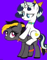 Size: 1610x2048 | Tagged: safe, artist:deeepdope, oc, oc only, oc:deeep dope, pegasus, pony, unicorn, bow, choker, duo, female, gradient background, horn, looking at each other, mare, ponies riding ponies, raised eyebrow, riding