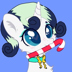 Size: 1581x1581 | Tagged: safe, artist:deeepdope, oc, oc only, oc:deeep dope, pony, unicorn, blush sticker, blushing, bust, candy, candy cane, chest fluff, choker, christmas, female, food, heart eyes, holiday, mare, mouth hold, solo, wingding eyes