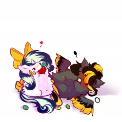 Size: 1920x1920 | Tagged: safe, artist:1fresita, artist:kriss-studios, oc, oc only, oc:deeep dope, pegasus, pony, unicorn, blushing, bow, chibi, duo, eating, female, fluffy, food, heart, horn, mare, mouth hold, simple background, spread wings, tail bow, white background, wings