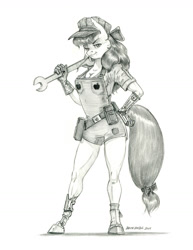 Size: 1000x1296 | Tagged: safe, artist:baron engel, apple bloom, anthro, earth pony, unguligrade anthro, amputee, breasts, cleavage, clothes, female, gloves, grayscale, hat, looking at you, mare, monochrome, pencil drawing, prosthetic arm, prosthetic leg, prosthetic limb, prosthetics, signature, smirk, solo, traditional art, wrench
