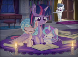 Size: 2022x1483 | Tagged: safe, artist:vito, cozy glow, princess flurry heart, rumble, twilight sparkle, twilight sparkle (alicorn), alicorn, pegasus, pony, a better ending for cozy, aunt and niece, book, candle, colt, cozybetes, cuddling, cute, featured image, female, filly, flurrybetes, indoors, male, mare, mouth hold, night, reading, sleeping, winghug