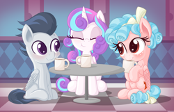 Size: 2198x1417 | Tagged: safe, artist:vito, cozy glow, princess flurry heart, rumble, alicorn, pegasus, pony, blushing, colt, cozybetes, cute, eye contact, female, filly, flurrybetes, heart eyes, looking at each other, male, rumblebetes, sitting, wingding eyes