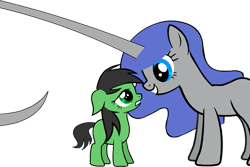 Size: 813x544 | Tagged: safe, oc, oc:anon filly, oc:contard, earth pony, pony, unicorn, female, filly, smiling, transparent, vestigial horn