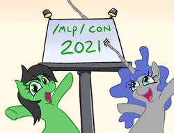 Size: 1080x823 | Tagged: safe, oc, oc only, oc:anon filly, oc:contard, earth pony, pony, unicorn, /mlp/con, 2021, billboard, duo, duo female, female, filly, lights, open mouth, sign, simple background, smiling, vestigial horn