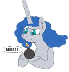 Size: 985x1024 | Tagged: safe, oc, oc:contard, pony, unicorn, bomb, confused, reeee, simple background, vestigial horn, weapon, white background