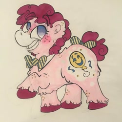 Size: 1080x1080 | Tagged: safe, artist:artfuldodger2397, derpibooru import, pinkie pie, earth pony, pony, bow, bowtie, eyelashes, female, freckles, mare, raised hoof, redesign, solo, tail bow, traditional art, unshorn fetlocks