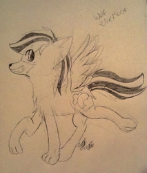 Size: 637x748 | Tagged: safe, artist:juliet-gwolf18, derpibooru import, oc, oc only, wolf, wolf pony, chest fluff, grin, lineart, raised paw, signature, smiling, traditional art
