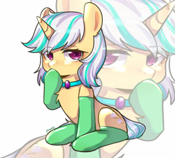 Size: 3673x3321 | Tagged: artist needed, safe, derpibooru import, oc, oc only, oc:anna karenna, pony, unicorn, clothes, collar, cute, gem, horn, simple background, sitting, socks, solo, thinking, unicorn oc, white background, zoom layer