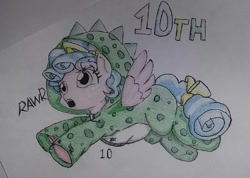 Size: 1080x768 | Tagged: safe, artist:allisonkawai2, derpibooru import, cozy glow, pegasus, pony, clothes, costume, cozybetes, cute, eyelashes, female, filly, kigurumi, open mouth, rawr, solo, traditional art, underhoof