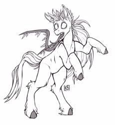 Size: 3632x3923 | Tagged: safe, artist:karamboll, derpibooru import, pegasus, pony, commission, empty eyes, fangs, long mane, long tongue, male, sharp teeth, sketch, solo, standing, teeth, tongue out