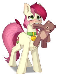 Size: 2192x2823 | Tagged: safe, artist:chibadeer, derpibooru import, roseluck, earth pony, pony, behaving like a cat, behaving like a dog, blushing, cheek fluff, chest fluff, collar, cute, cuteluck, female, fluffy, mare, mouth hold, pet collar, pet tag, pony pet, rosepet, simple background, teddy bear, white background