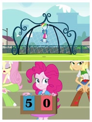 Size: 3106x4096 | Tagged: safe, derpibooru import, screencap, applejack, fluttershy, pinkie pie, rainbow dash, equestria girls, equestria girls (movie), football, happy, scoreboard, sports