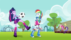 Size: 1280x720 | Tagged: safe, derpibooru import, screencap, applejack, fluttershy, pinkie pie, rainbow dash, rarity, spike, twilight sparkle, dog, equestria girls, equestria girls (movie), football, humane five, humane six, spike the dog, sports