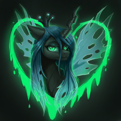 Size: 2000x2000 | Tagged: safe, artist:evedizzy26, derpibooru import, queen chrysalis, changeling, changeling queen, bust, crown, female, heart, high res, jewelry, looking at you, portrait, regalia, solo