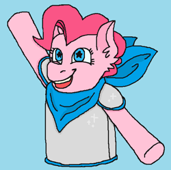 Size: 548x546 | Tagged: safe, artist:theedgyduck, derpibooru import, pinkie pie, earth pony, pony, armor, crossover, ear fluff, ears, female, handkerchief, mare, ms paint, open mouth, sans (undertale), simple background, solo, starry eyes, underswap, undertale, wingding eyes