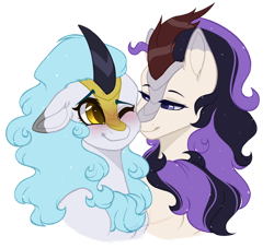 Size: 1024x931 | Tagged: safe, artist:purplegrim40, derpibooru import, oc, oc:golden flare, oc:wintertide frost, kirin, bedroom, big ears, blushing, bust, cute, duo, ears, eye, eyes, female, kirin oc, kirinbetes, lesbian, love, mane, oc x oc, portrait, shipping, simple background, smiling, sparkles, sparkly mane, transparent background, vector