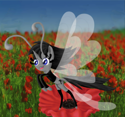 Size: 453x422 | Tagged: artist needed, safe, derpibooru import, oc, oc:black cross, breezie, pony, unicorn, antennae, boots, breeziefied, clothes, crucifix, edgy, flower, jacket, male, shoes, solo, species swap, stallion, transparent wings, wings