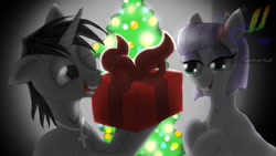 Size: 800x450 | Tagged: safe, artist:micaruss, derpibooru import, maud pie, oc, oc:black cross, earth pony, unicorn, christmas, christmas tree, crucifix, female, gift giving, holiday, jewelry, male, mare, necklace, smiling, stallion, tree