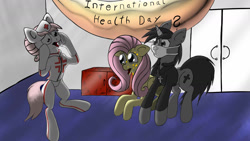 Size: 1280x720 | Tagged: safe, artist:micaruss, derpibooru import, fluttershy, nurse redheart, oc, oc:black cross, earth pony, pegasus, pony, unicorn, crucifix, female, gasp, hospital, male, mare, pony pox, sick, stallion