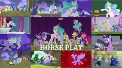 Size: 1978x1114 | Tagged: safe, derpibooru import, edit, edited screencap, editor:quoterific, screencap, applejack, berry punch, berryshine, coco crusoe, dark moon, fancypants, fleur-de-lis, fluttershy, gallus, graphite, junebug, ocellus, pinkie pie, princess celestia, princess luna, rainbow dash, rainbow stars, rainbowshine, rarity, sandbar, silverstream, smolder, spike, starlight glimmer, twilight sparkle, yona, alicorn, dragon, earth pony, pegasus, pony, unicorn, horse play, mane six, student six