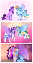 Size: 2126x4096 | Tagged: safe, artist:aaa-its-spook, derpibooru import, princess twilight 2.0, rainbow dash, twilight sparkle, twilight sparkle (alicorn), unicorn twilight, alicorn, pegasus, pony, unicorn, the last problem, age progression, alternate hairstyle, blushing, chest fluff, clothes, colored wings, coronation dress, crown, cutie mark, dress, ethereal mane, eyes closed, feather, female, females only, heart, holding hooves, hoof shoes, horn, jewelry, large wings, lesbian, long horn, mare, multicolored hair, multicolored mane, multicolored tail, multicolored wings, nuzzling, older, older rainbow dash, older twilight, petals, peytral, rainbow power, regalia, second coronation dress, shipping, size difference, starry mane, sweater, twidash, wings