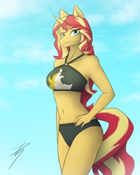 Size: 2400x3000 | Tagged: safe, artist:deviantstyleart, derpibooru import, sunset shimmer, anthro, unicorn, :j, bikini, clothes, eyebrows visible through hair, female, hand on hip, horn, looking at you, mare, outdoors, raised eyebrow, signature, sky, solo, summer sunset, swimsuit