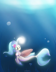 Size: 1280x1636 | Tagged: safe, artist:nnaly, derpibooru import, princess skystar, fish, seapony (g4), my little pony: the movie, bioluminescent, blue eyes, bubble, clothes, crepuscular rays, dorsal fin, eyelashes, female, fin wings, fins, fish tail, flower, flower in hair, flowing mane, flowing tail, freckles, glow, jewelry, light, necklace, ocean, pearl necklace, seaquestria, seaweed, see-through, signature, smiling, solo, sunlight, swimming, tail, underwater, water, wings
