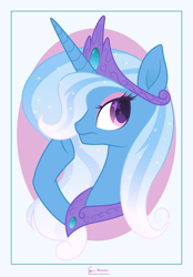 Size: 3446x4942 | Tagged: safe, artist:illumnious, derpibooru import, trixie, alicorn, pony, bust, crown, female, jewelry, peytral, portrait, race swap, regalia, simple background, solo, solo female, white background