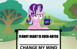 Size: 845x533 | Tagged: safe, artist:aleximusprime, derpibooru import, edit, princess flurry heart, starlight glimmer, pony, unicorn, bush, change my mind, female, flower, glowing horn, horn, levitation, magic, mare, meme, mug, multicolored mane, opinion, pink coat, sign, signature, sitting, solo, table, telekinesis, text, tree