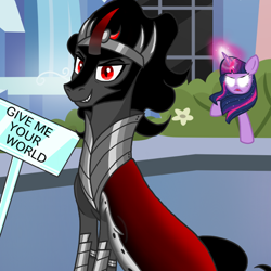 Size: 800x800 | Tagged: safe, artist:katya, derpibooru import, king sombra, twilight sparkle, unicorn, angry, sign