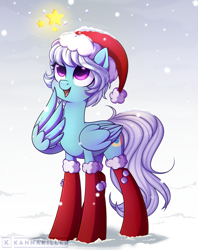 Size: 2155x2719 | Tagged: safe, artist:kannakiller, derpibooru import, fleetfoot, pegasus, pony, christmas, christmas stocking, clothes, commission, eye clipping through hair, female, happy, hat, holiday, looking at something, mare, open mouth, smiling, snow, socks, solo, standing, stars, wing hands, wings