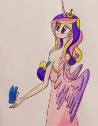 Size: 436x560 | Tagged: safe, artist:lunaart, derpibooru import, princess cadance, alicorn, butterfly, human, clothes, cute, cutedance, cutie mark on human, dress, horn, horned humanization, humanized, solo, traditional art, winged humanization, wings