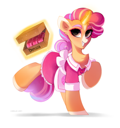 Size: 1700x1800 | Tagged: safe, artist:zlatavector, derpibooru import, oc, oc only, pony, unicorn, clothes, donut, dress, female, food, magic, mare, pink