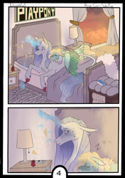 Size: 1280x1816 | Tagged: safe, artist:corisodapop, derpibooru import, rarity, zephyr breeze, pony, unicorn, comic:downfall, bed, lipstick, magic, sleeping