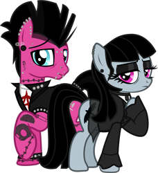 Size: 1291x1418 | Tagged: safe, artist:lightningbolt, derpibooru import, oc, oc only, oc:goth lass, oc:punk dude, earth pony, .svg available, 2021 community collab, bags under eyes, bridge piercing, choker, clothes, derpibooru community collaboration, duo, dyed mane, dyed tail, ear piercing, earring, eyebrow piercing, eyeliner, eyeshadow, female, frown, goth, jewelry, lidded eyes, lip piercing, looking at you, makeup, male, mare, married couple, nose piercing, piercing, punk, raised hoof, safety pin, shirt, skirt, smiling, snake bites, stallion, svg, tail band, tattoo, undershirt, vector, vest, wristband