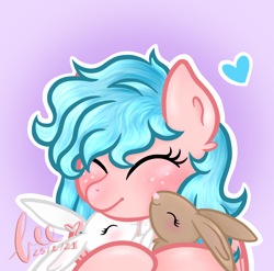 Size: 2688x2653 | Tagged: safe, artist:honeybee, derpibooru import, cozy glow, pegasus, pony, rabbit, a better ending for cozy, alternate hairstyle, animal, blushing, commission, cozybetes, cuddling, cute, eyes closed, female, filly, gradient background, heart, white outline, ych result