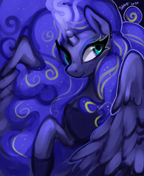 Size: 1024x1252 | Tagged: safe, artist:commander booty call, artist:slime-tiger, derpibooru import, princess luna, alicorn, pony, bust, ethereal mane, female, galaxy mane, glowing horn, horn, mare, portrait, signature, smiling, solo