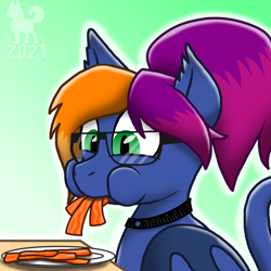 Size: 1440x1440 | Tagged: safe, artist:mrchaosthecunningwlf, artist:ponyvillechaos577, derpibooru import, oc, oc:layla horizon, bat pony, bacon, chewing, eating, female, feral, food, glasses, meat, munching, nerd, nerd pony, ponies eating meat, ponytail, solo, solo female