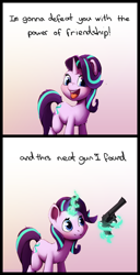 Size: 1250x2450 | Tagged: artist needed, safe, derpibooru import, starlight glimmer, pony, unicorn, cute, dialogue, drawthread, female, glimmerbetes, gradient background, gun, handgun, levitation, looking at you, magic, mare, open mouth, ponified meme, revolver, smiling, solo, talking to viewer, telekinesis, weapon
