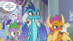 Size: 1000x563 | Tagged: safe, artist:boastudio, derpibooru import, edit, edited screencap, screencap, princess ember, silverstream, smolder, spike, dragon, hippogriff, school daze, blushing, speech bubble