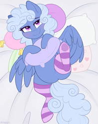 Size: 867x1100 | Tagged: safe, artist:higglytownhero, derpibooru import, oc, oc only, pegasus, pony, blushing, clothes, featureless crotch, female, lidded eyes, looking at you, mare, pillow, smiling, socks, solo, spread wings, wings