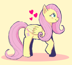 Size: 640x575 | Tagged: safe, artist:inkyberry, derpibooru import, fluttershy, pegasus, pony, cute, female, heart, mare, profile, shyabetes, simple background, solo, yellow background