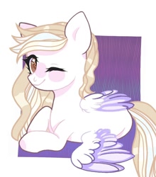 Size: 950x1080 | Tagged: safe, artist:lacey.wonder, derpibooru import, oc, oc only, pegasus, pony, abstract background, lying down, one eye closed, pegasus oc, prone, smiling, solo, starry eyes, two toned wings, wingding eyes, wings, wink