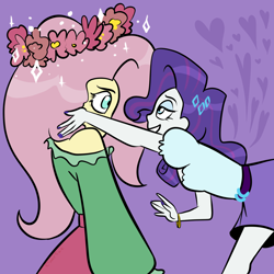 Size: 4080x4080 | Tagged: safe, artist:carconutty, derpibooru import, fluttershy, rarity, equestria girls, clothes, female, flarity, floral head wreath, flower, lesbian, looking at each other, off shoulder, purple background, shipping, simple background