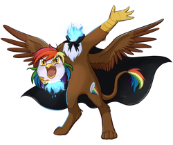 Size: 1024x861 | Tagged: safe, artist:foxhatart, derpibooru import, oc, oc:rainbow feather, dullahan, griffon, hippogriff, cape, clothes, disembodied head, headless, interspecies offspring, magical lesbian spawn, modular, offspring, parent:gilda, parent:rainbow dash, parents:gildash, solo