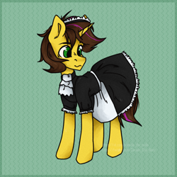 Size: 2500x2500 | Tagged: safe, artist:canada_cho_nado, derpibooru import, oc, oc:joshua weedminster, unicorn, clothes, crossdressing, dress, maid, male, stallion