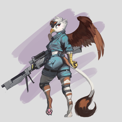 Size: 3000x3000 | Tagged: safe, artist:nsilverdraws, derpibooru import, oc, oc:vermilion brightwing, anthro, griffon, griffon oc, gun, weapon