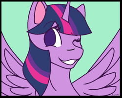 Size: 760x614 | Tagged: safe, artist:mscolorsplash, derpibooru import, twilight sparkle, twilight sparkle (alicorn), alicorn, bust, female, green background, mare, no pupils, one eye closed, simple background, smiling, solo, wink