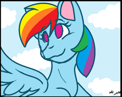 Size: 768x614 | Tagged: safe, artist:mscolorsplash, derpibooru import, rainbow dash, pegasus, pony, bust, cloud, female, mare, no pupils, sky, solo